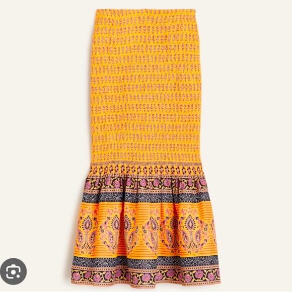 J. Crew skirt size 14 Pencil midi yellow Sunny Block Print tiered batik India - Picture 2 of 10